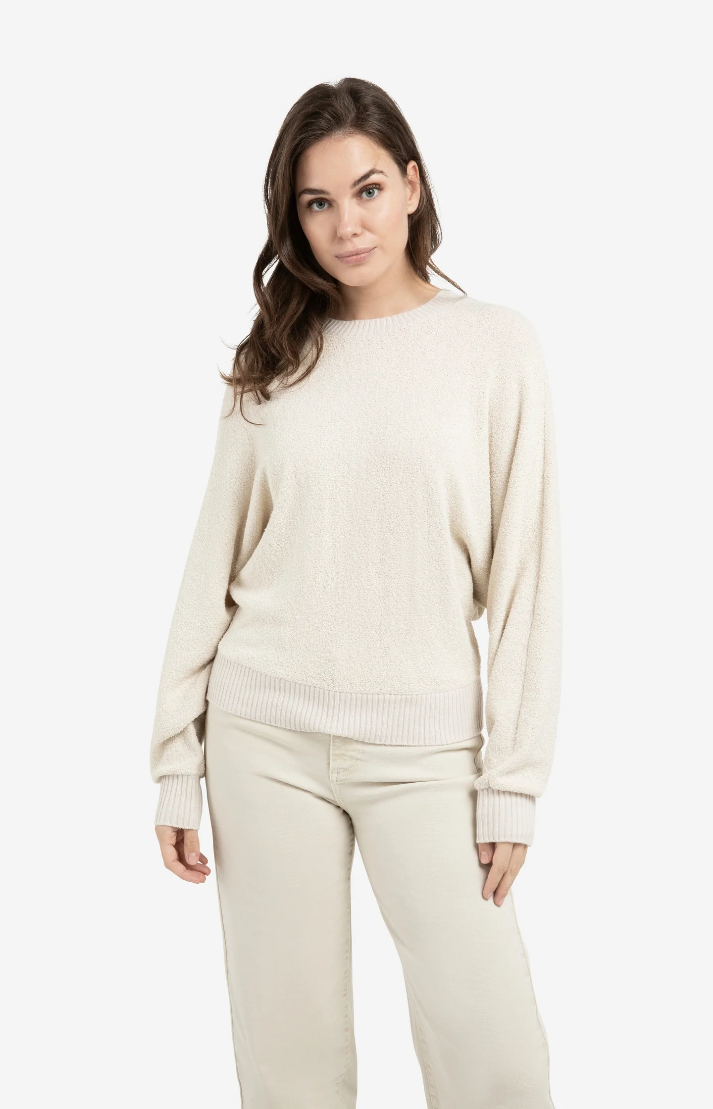 Bouclé sweater with batwing sleeves and ribbed trims - Image 3