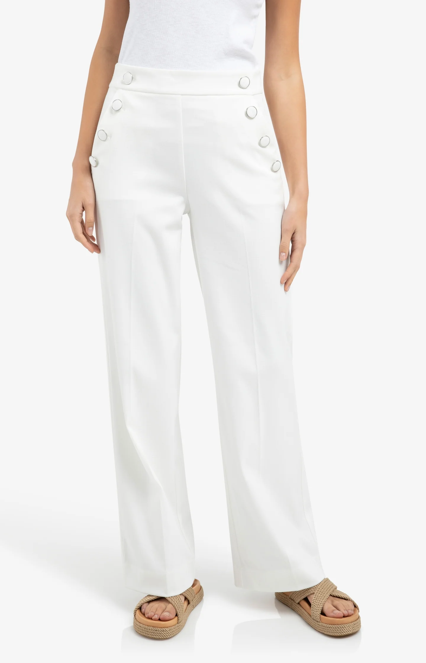 High waist trousers with decorative buttons and wide legs - Off white