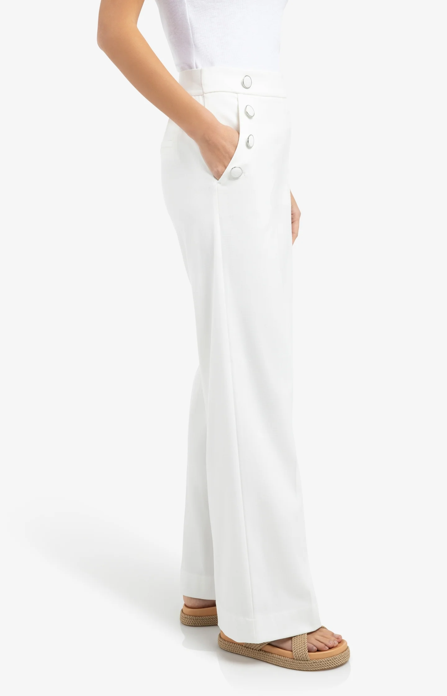 High waist trousers with decorative buttons and wide legs - Off white - Image 3