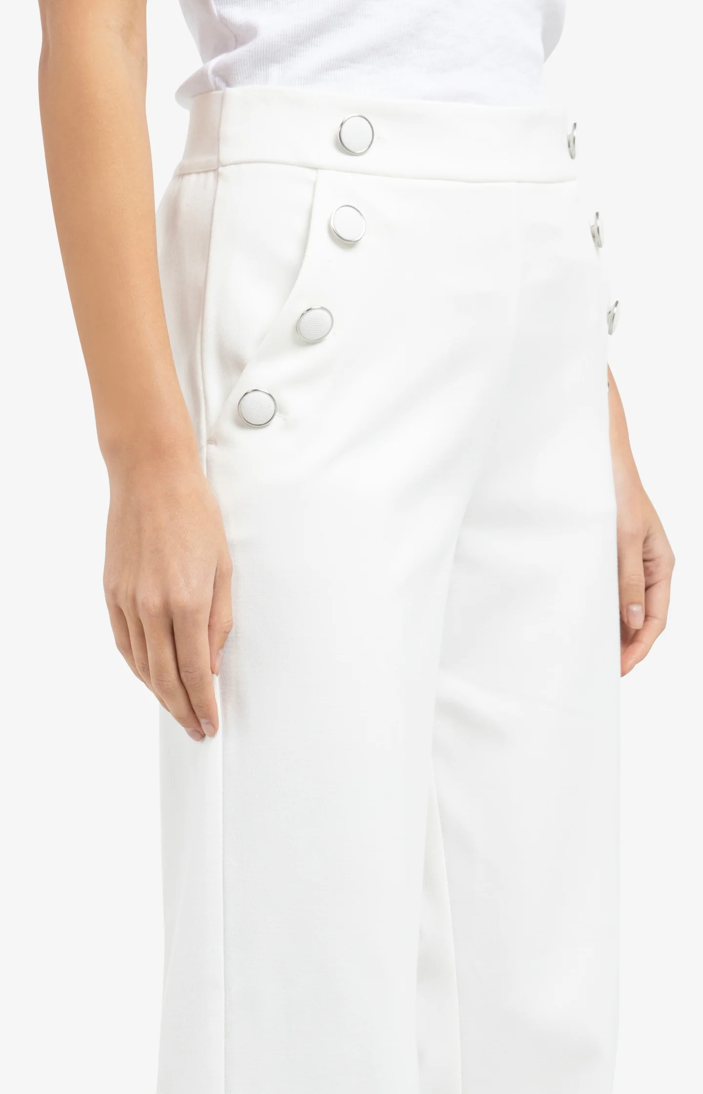 High waist trousers with decorative buttons and wide legs - Off white - Image 5