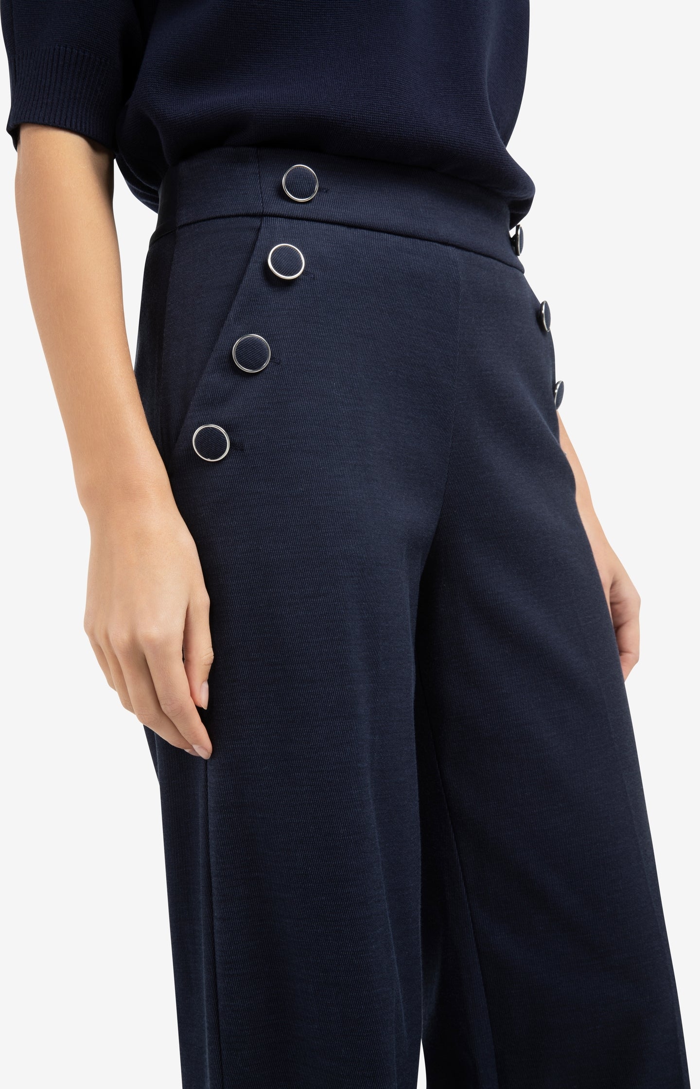 High waist trousers with decorative buttons and wide legs - Blue - Image 5
