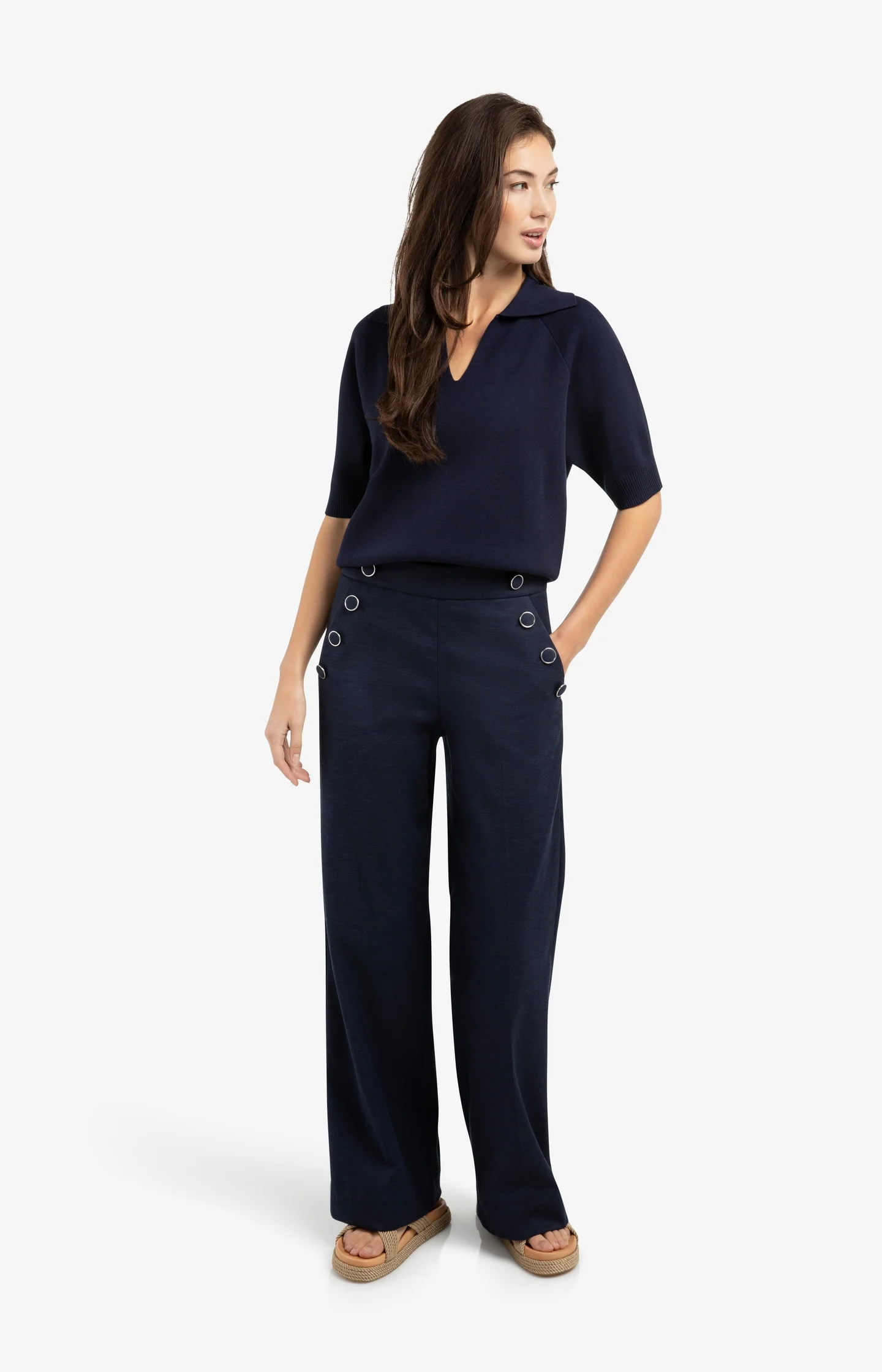 High waist trousers with decorative buttons and wide legs - Blue - Image 6