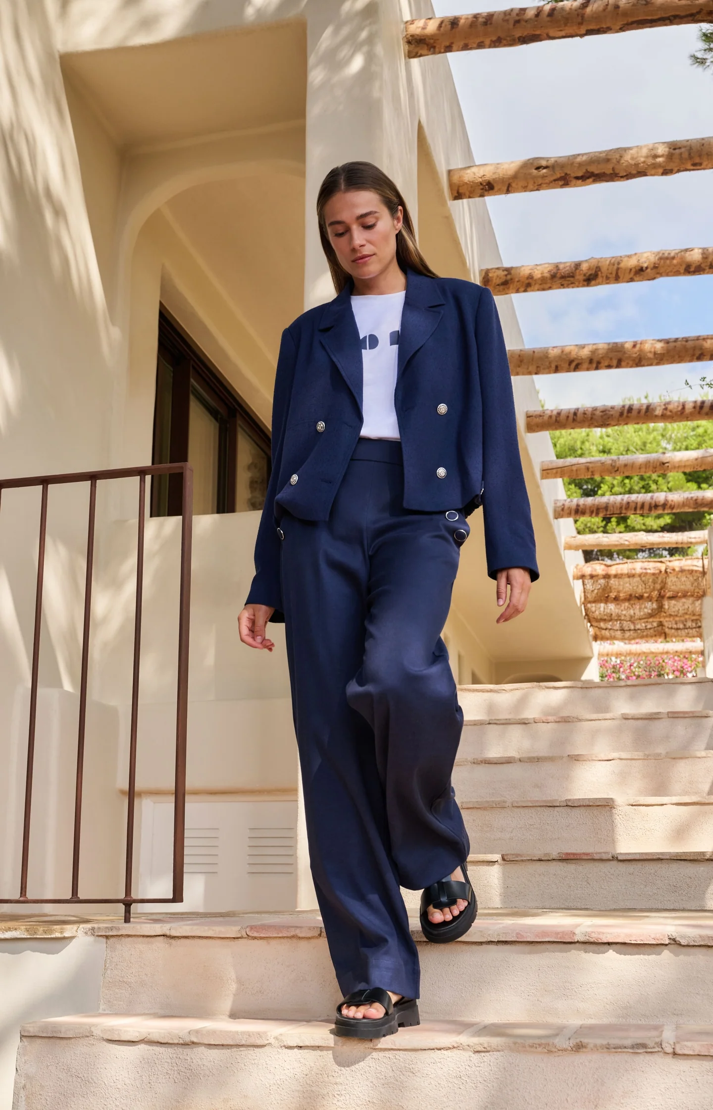 High waist trousers with decorative buttons and wide legs - Blue - Image 7