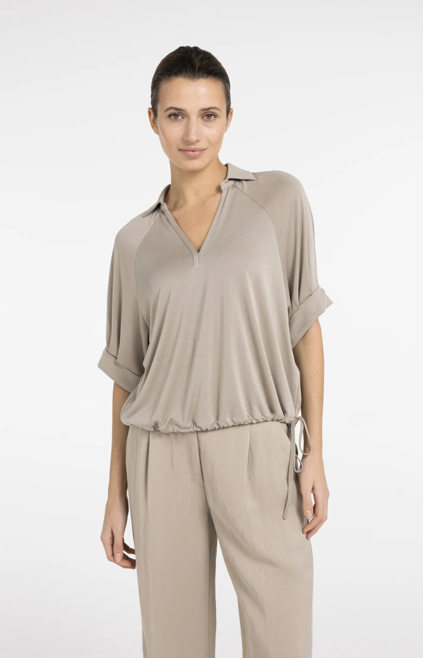 Jersey top with pleated sleeves