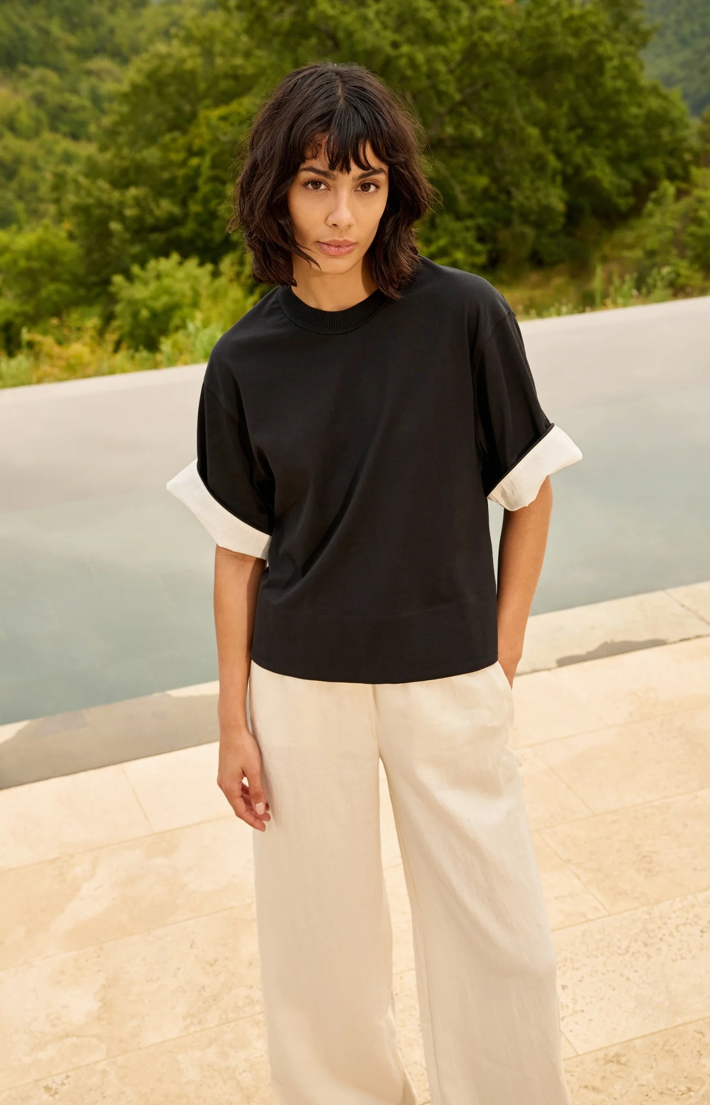 Jersey top with woven details and short sleeves - Image 7