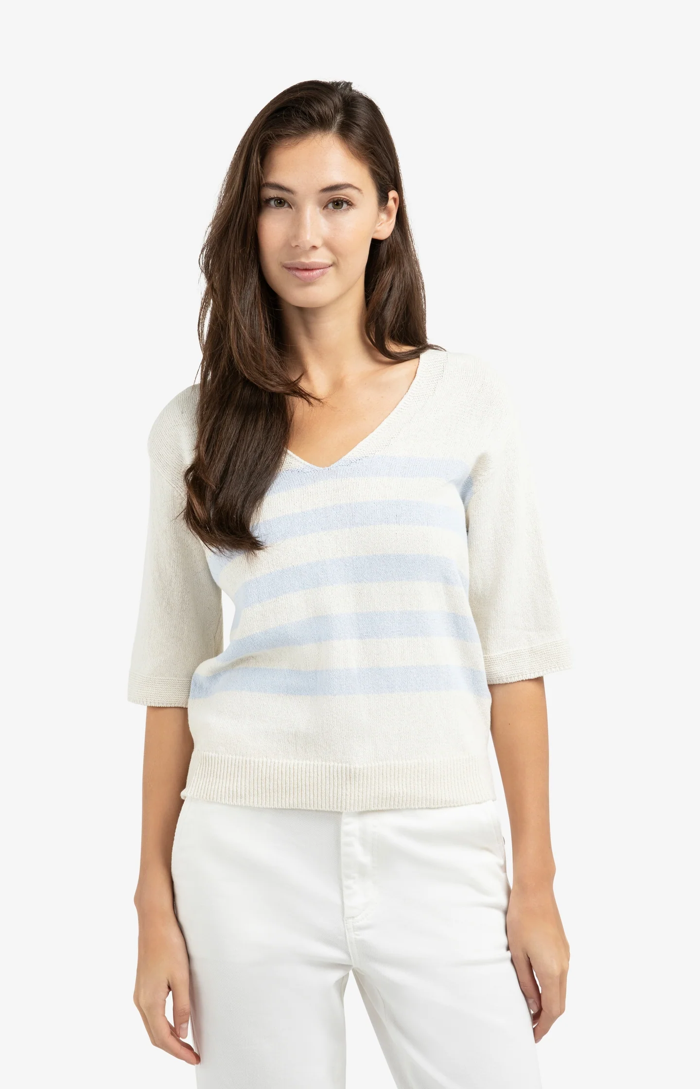 Knitted V-neck sweater with light blue stripes - Image 3