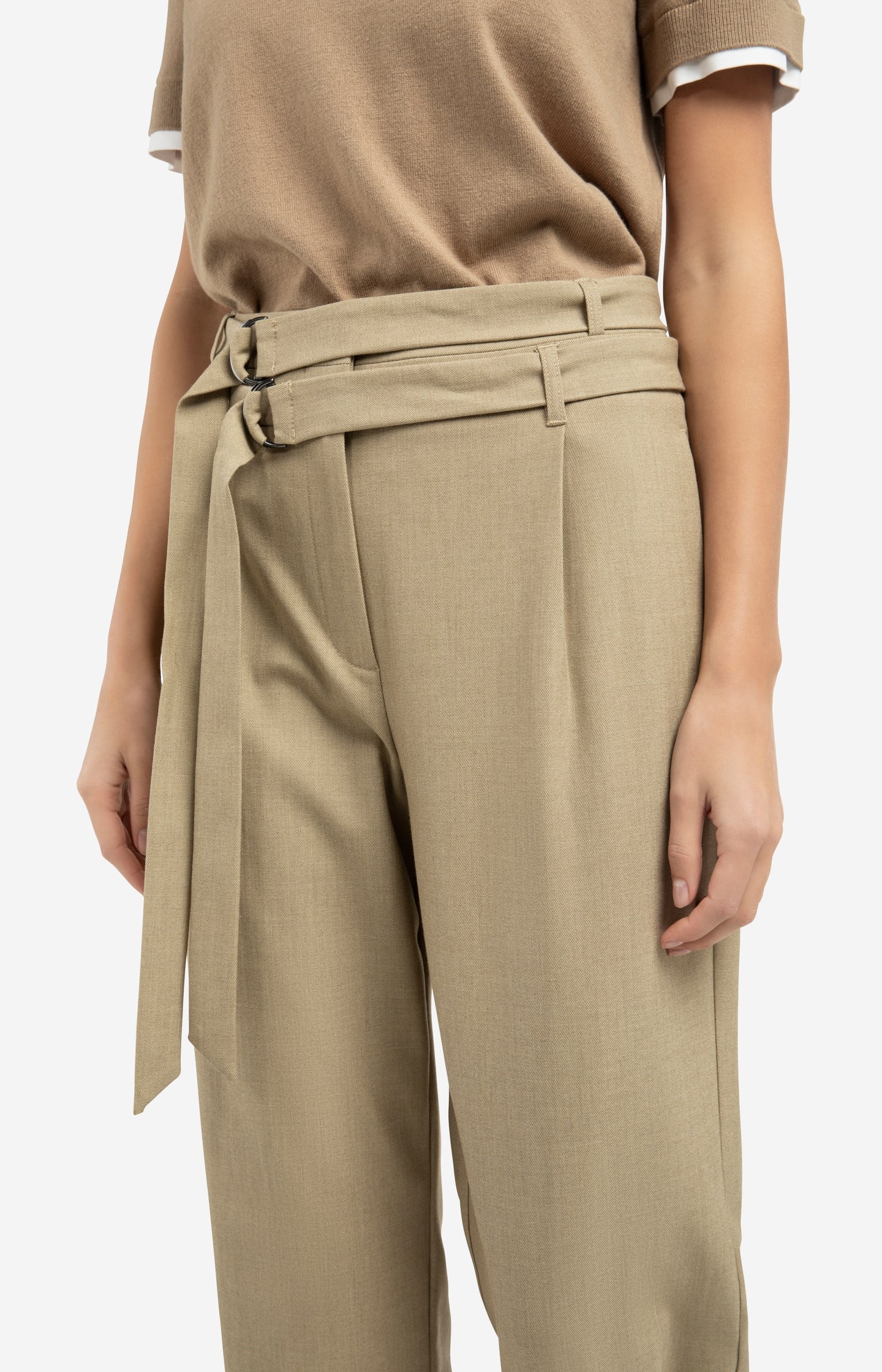 Loose fit trousers with double belt and button detail - Brown - Image 5