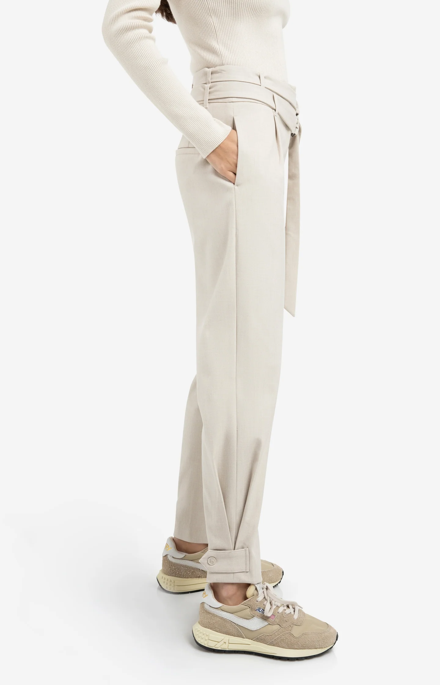 Loose fit trousers with double belt and button detail - Beige - Image 3