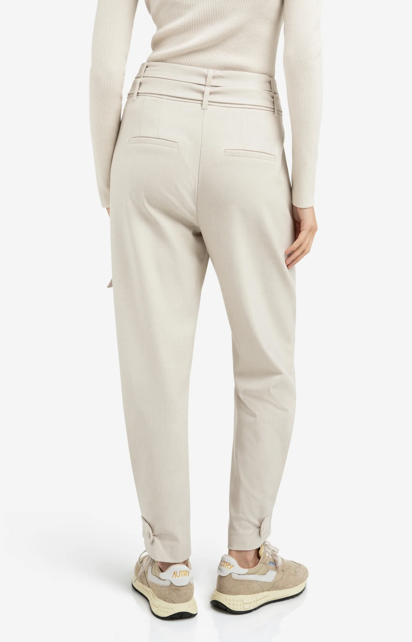 Loose fit trousers with double belt and button detail - Beige - Image 4