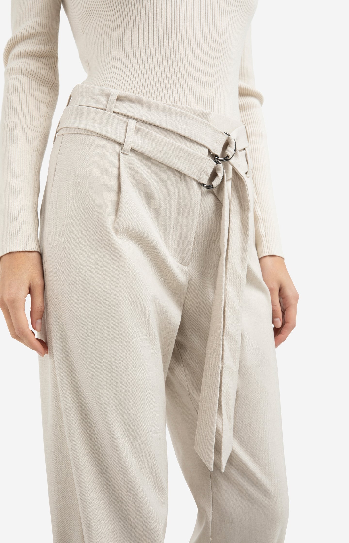 Loose fit trousers with double belt and button detail - Beige - Image 5