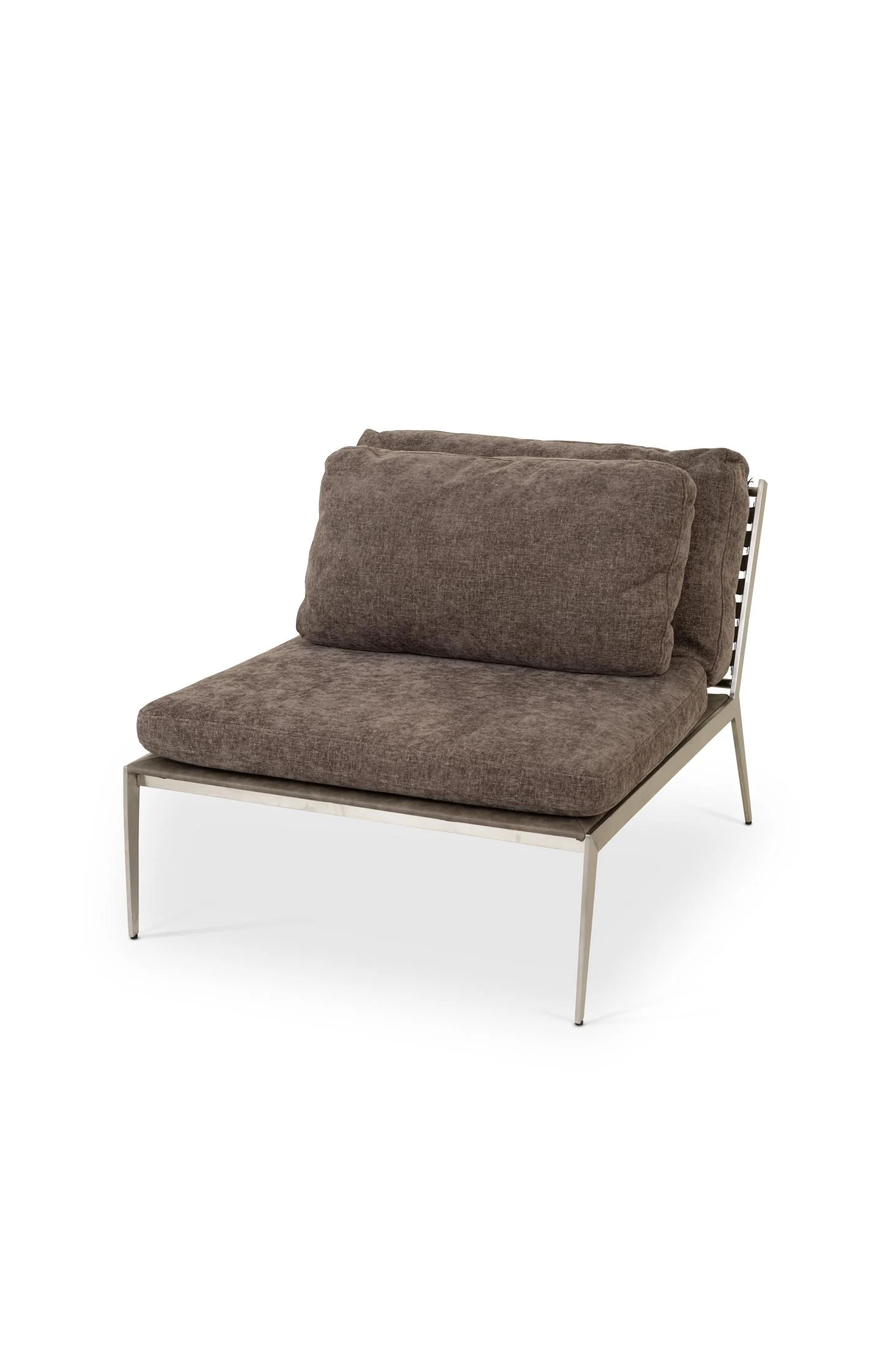 Low lounge chair with steel frame and soft cushions