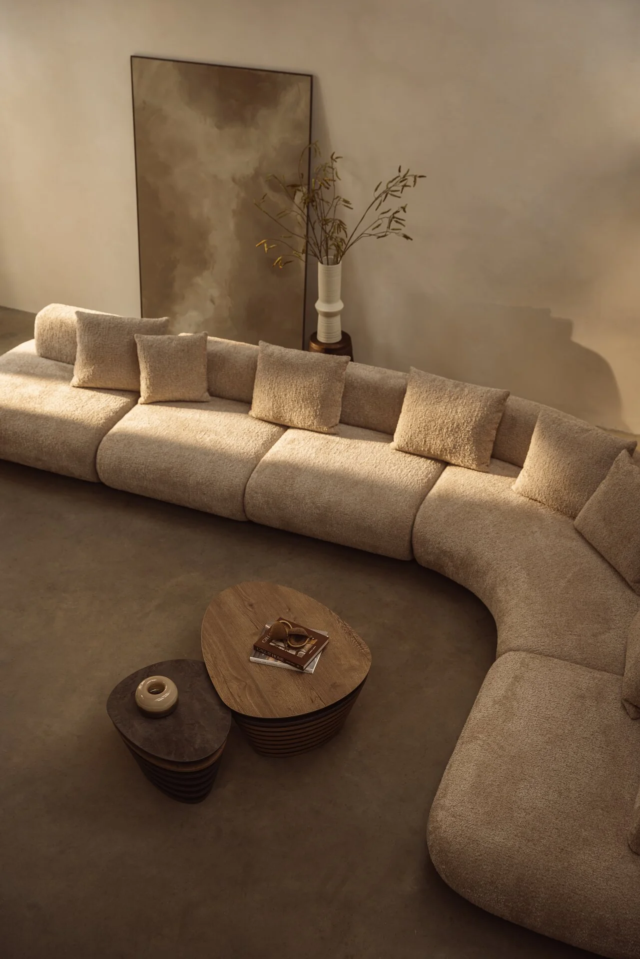 Modular corner sofa in soft bouclé fabric
