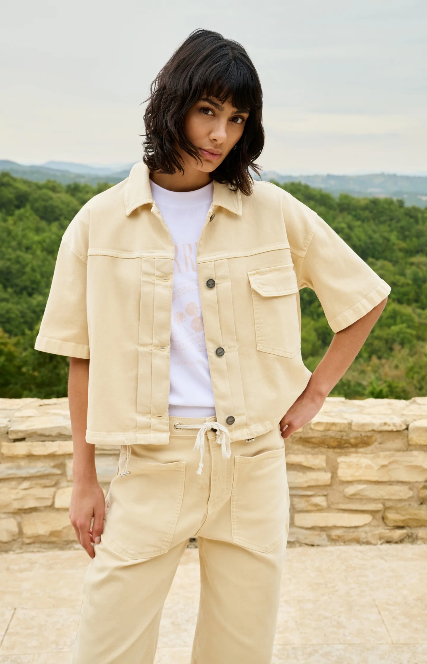 Oversized denim worker jacket with short sleeves - Image 3