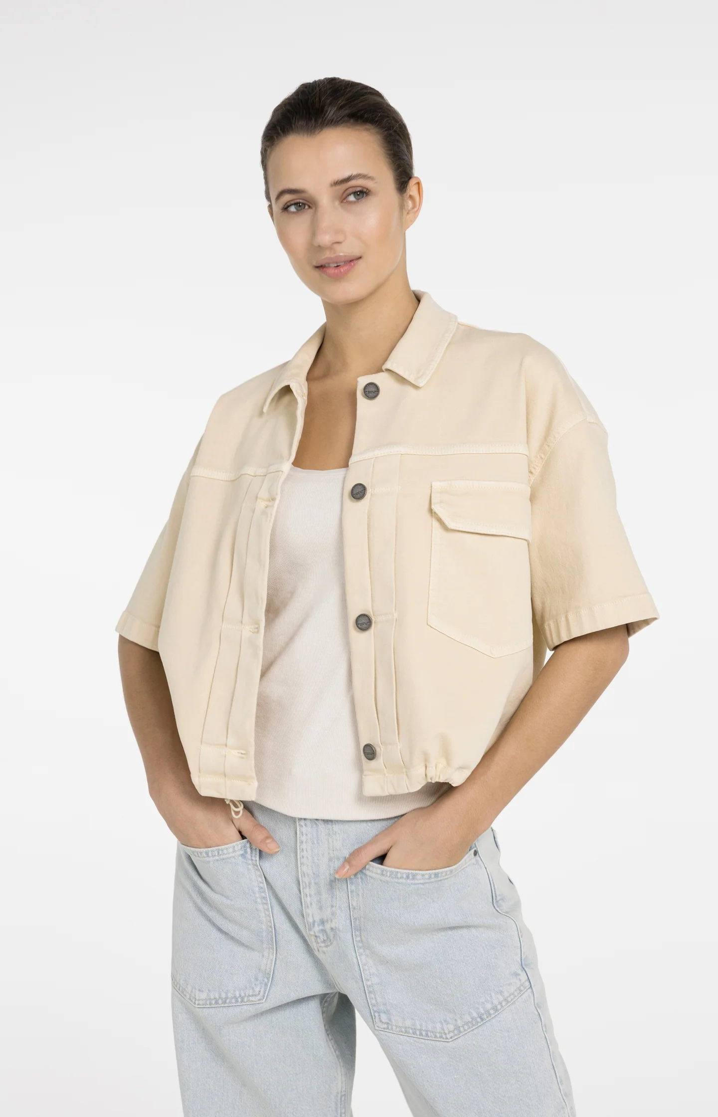 Oversized denim worker jacket with short sleeves - Image 4