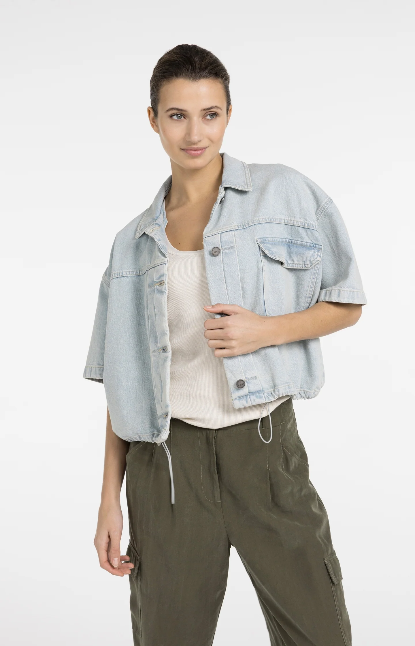Oversized denim worker jacket with short sleeves - Image 5