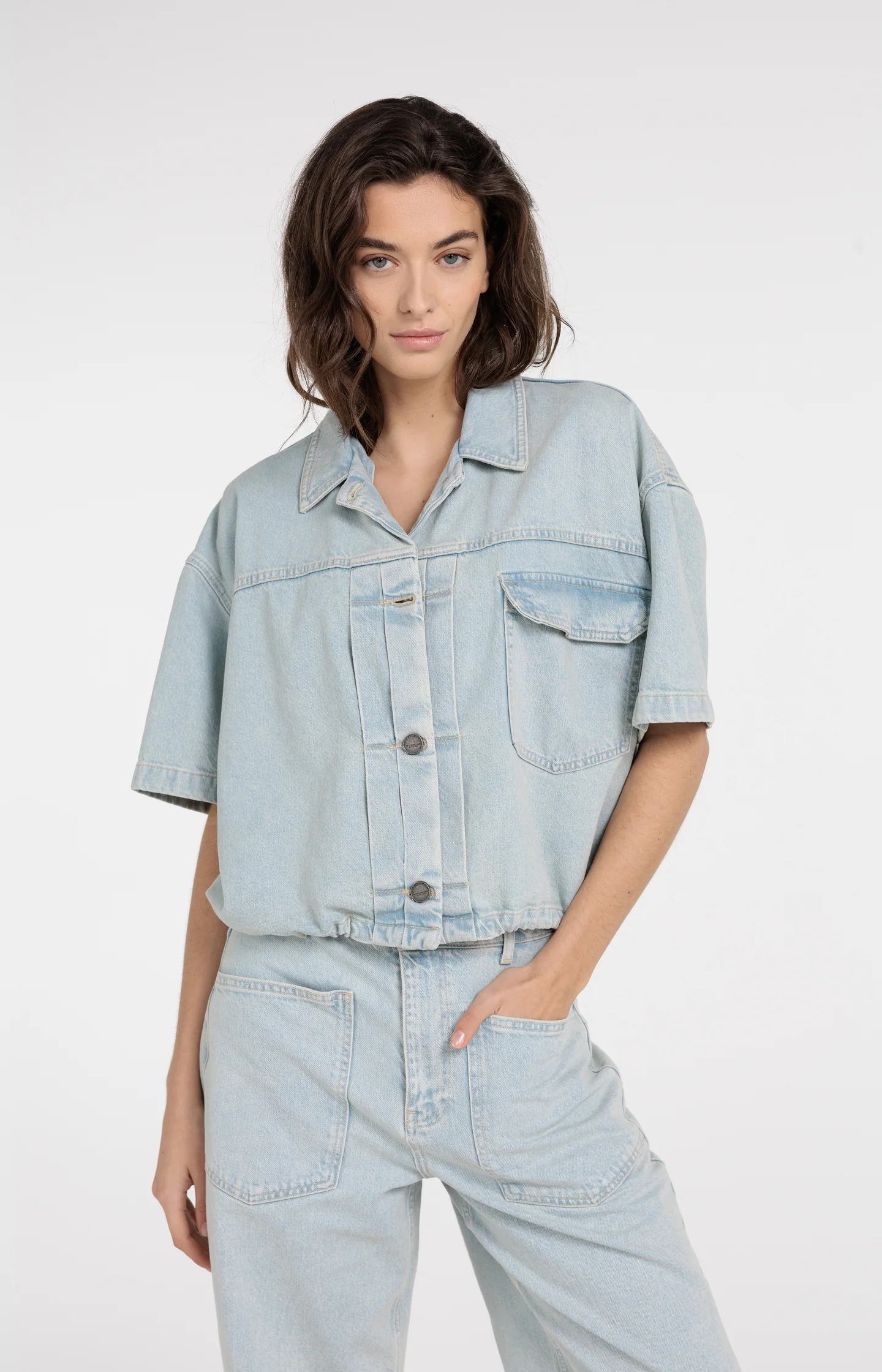 Oversized denim worker jacket with short sleeves - Image 6
