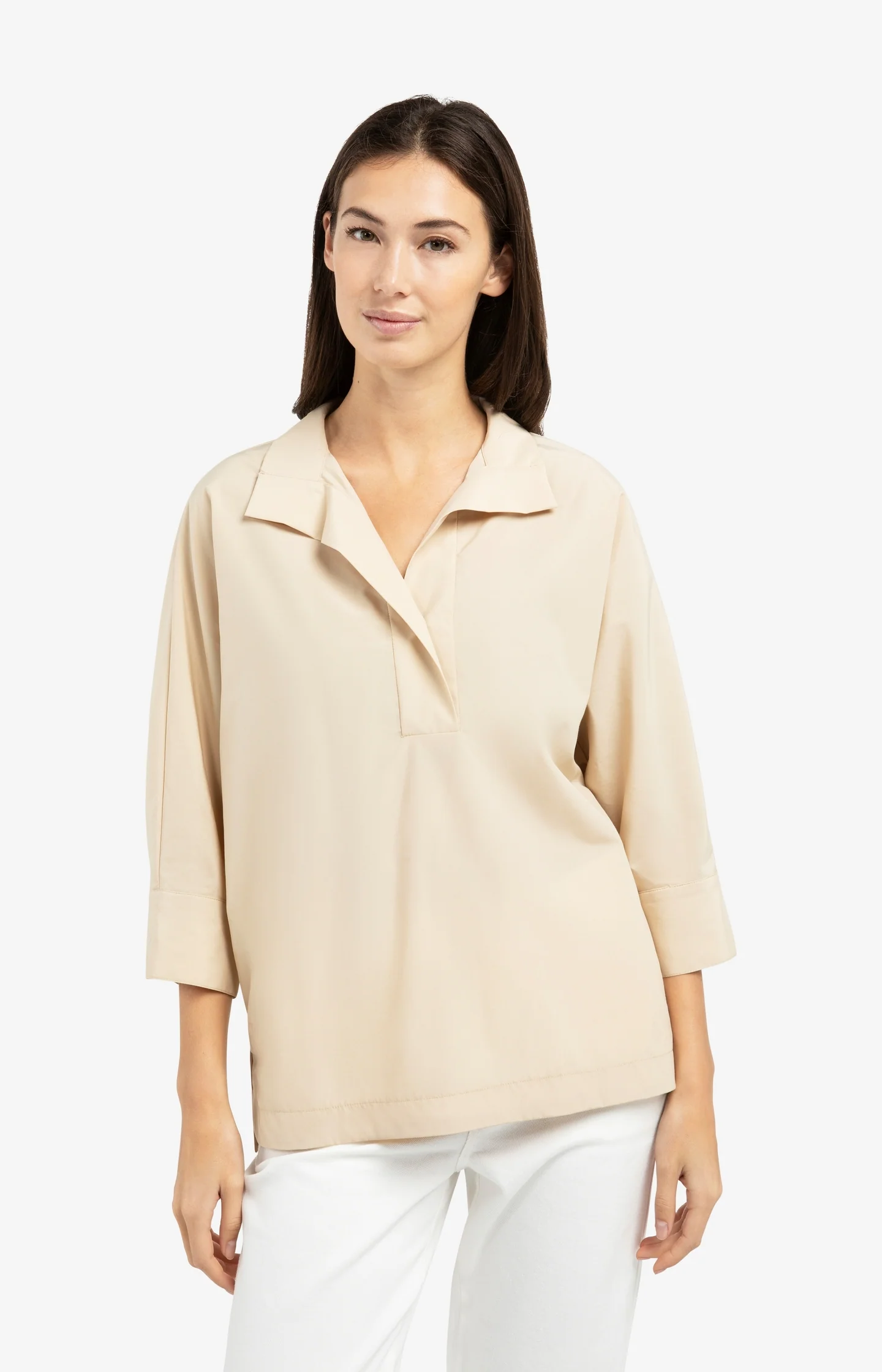 Poplin blouse with polo collar and pearl buttons - Image 3