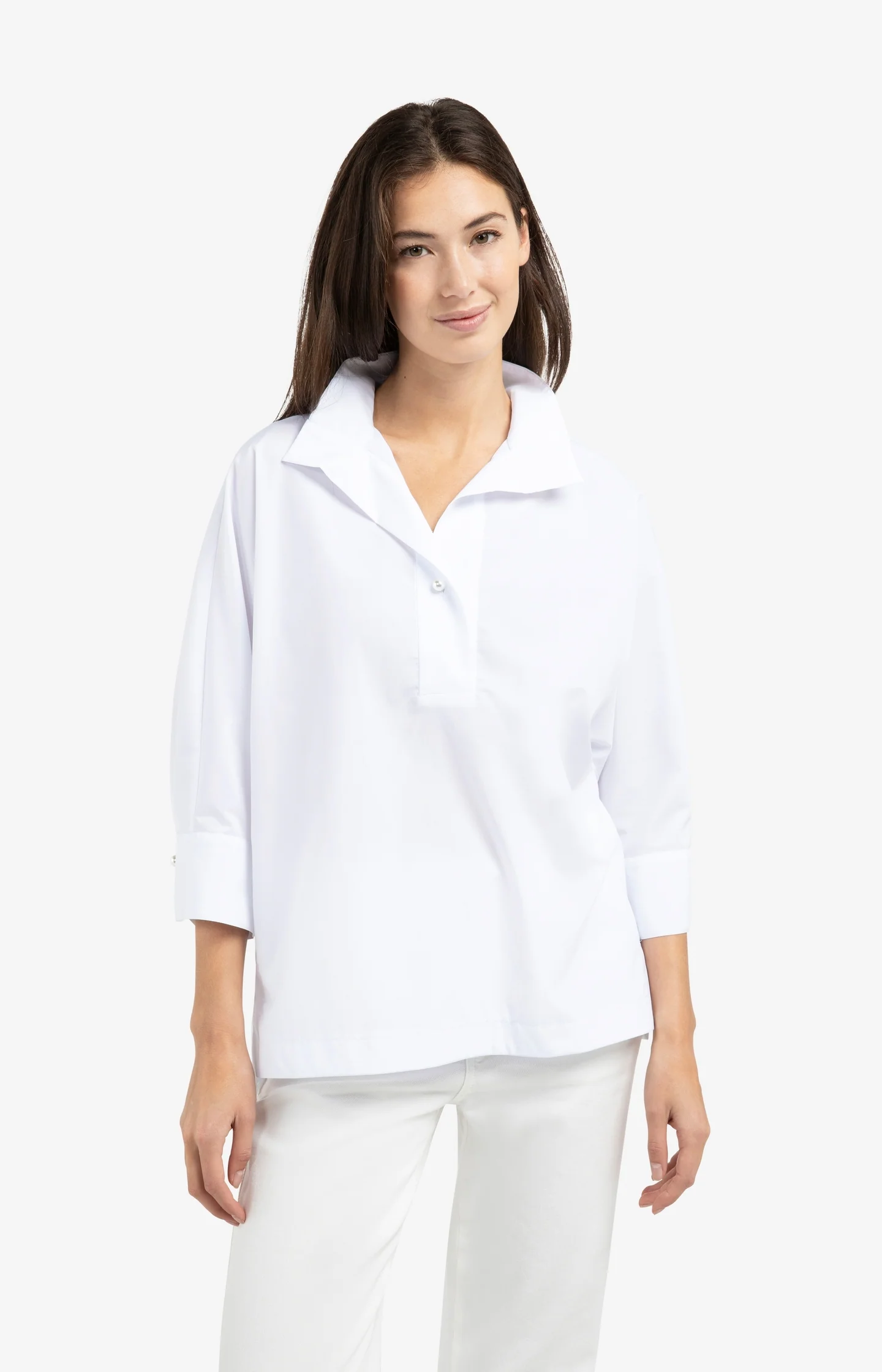Poplin blouse with polo collar and pearl buttons - Image 3