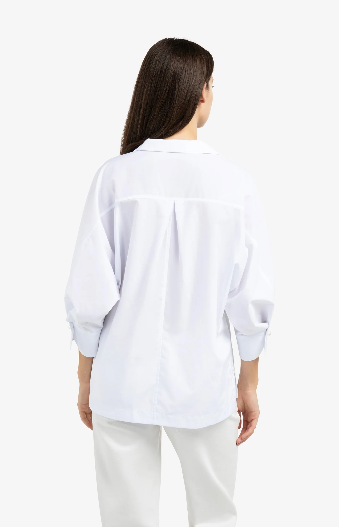 Poplin blouse with polo collar and pearl buttons - Image 4