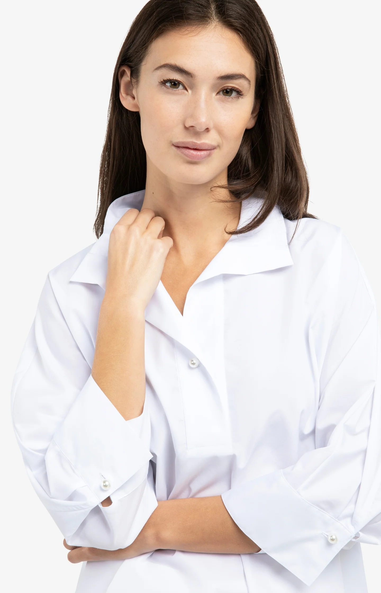 Poplin blouse with polo collar and pearl buttons - Image 5