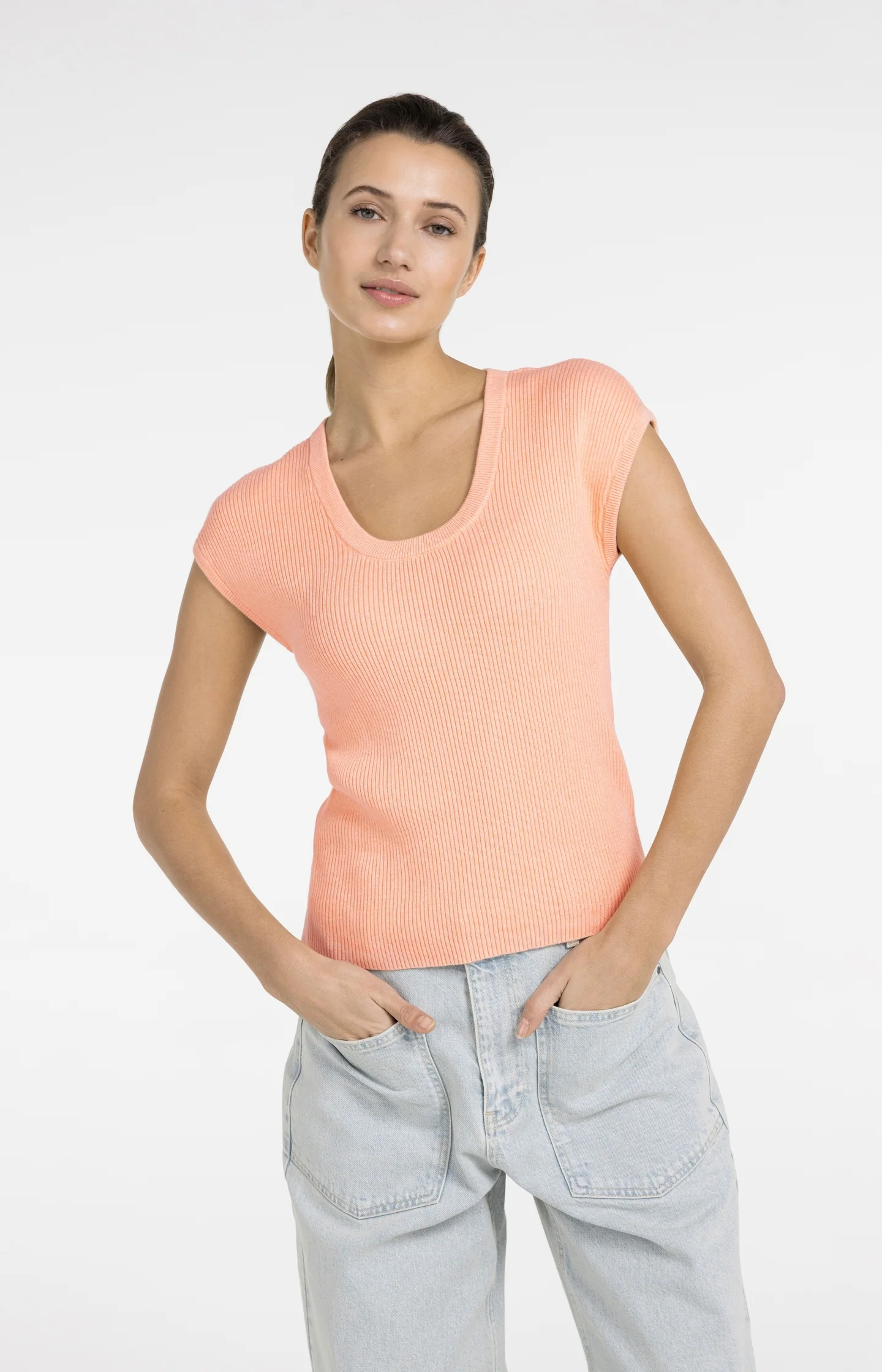 Ribbed knit top with deep round neckline