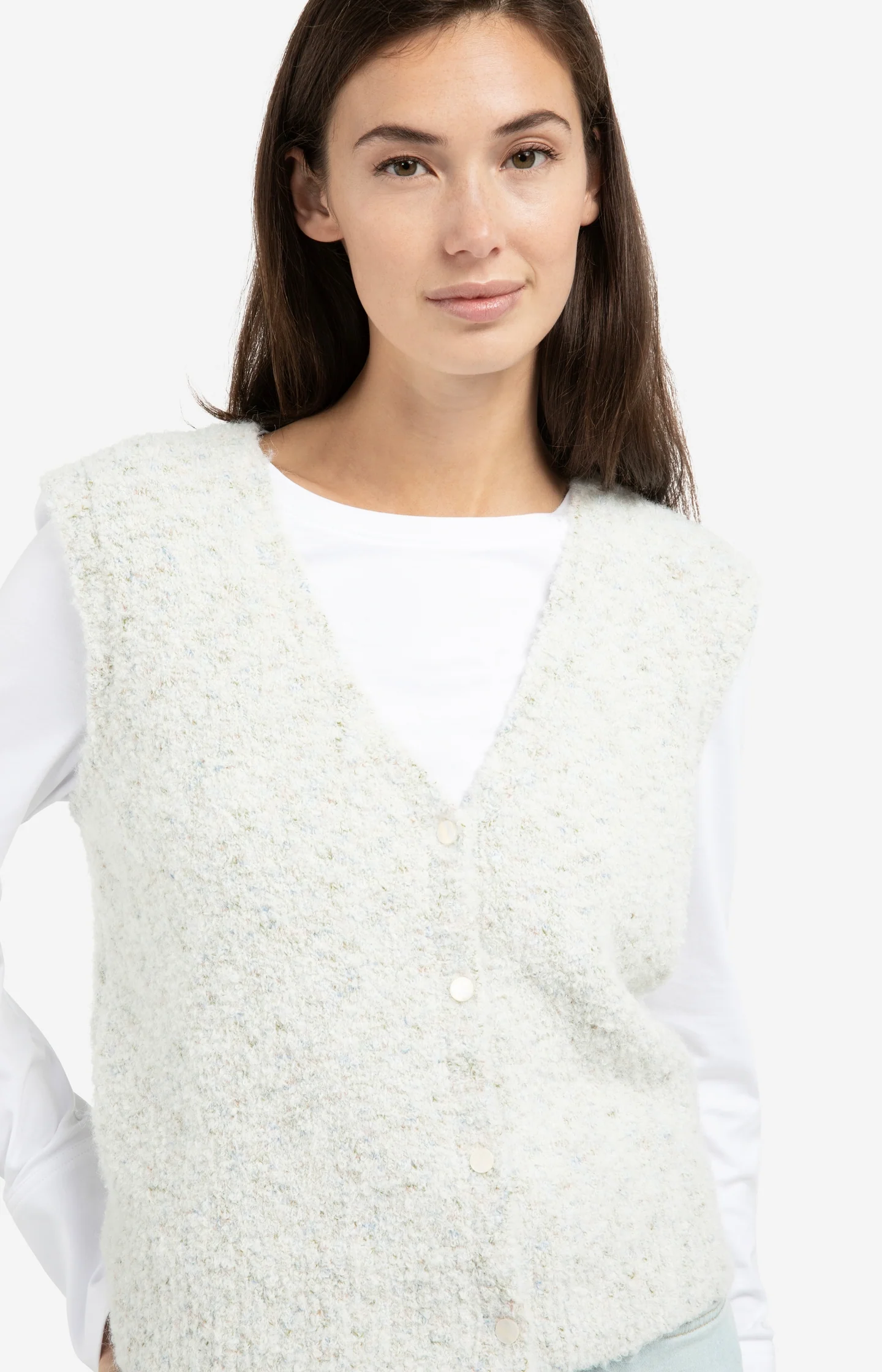 Sleeveless bouclé cardigan with buttons and color accents - Image 4