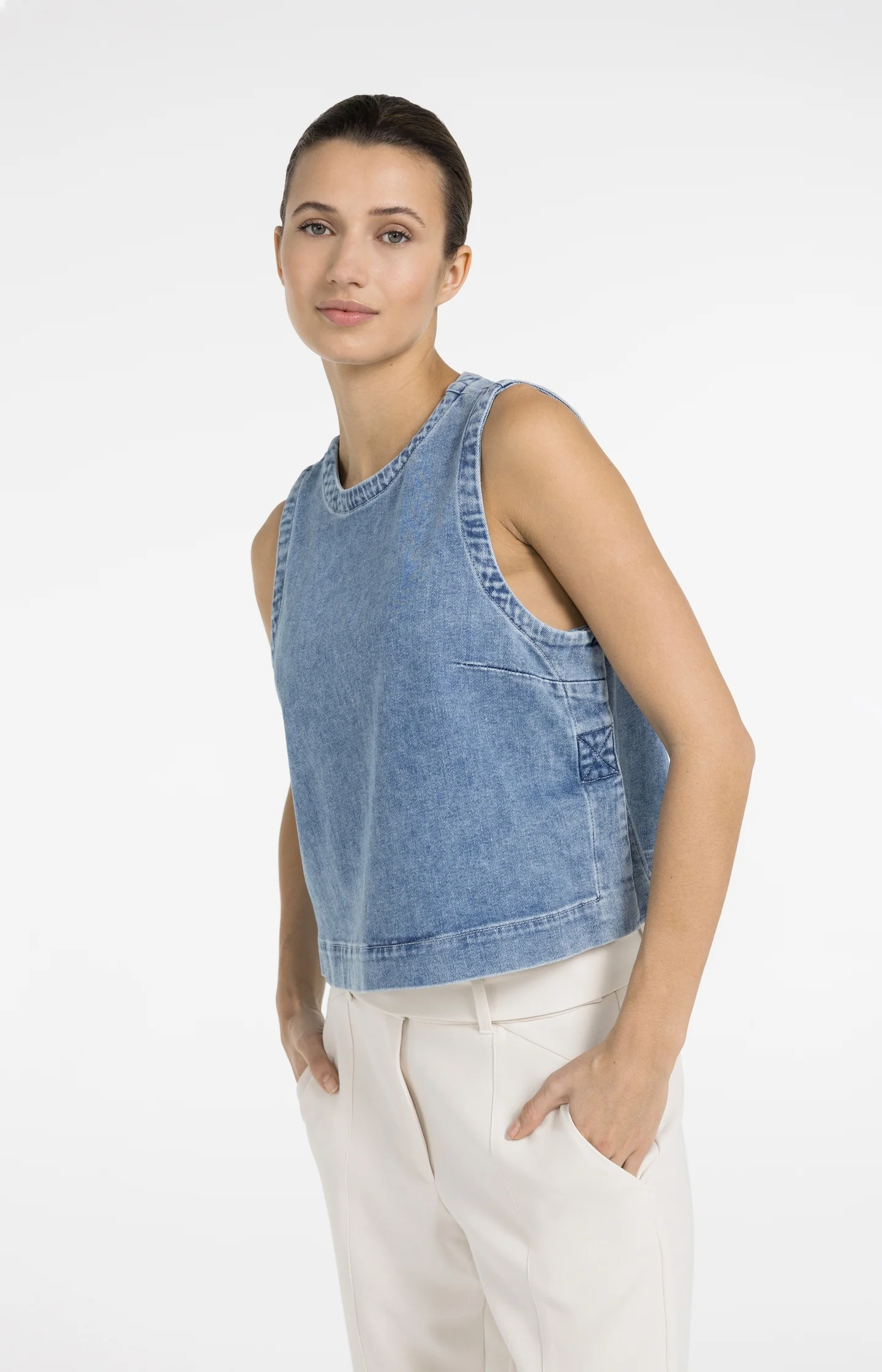 Sleeveless denim top with seam details - Image 3
