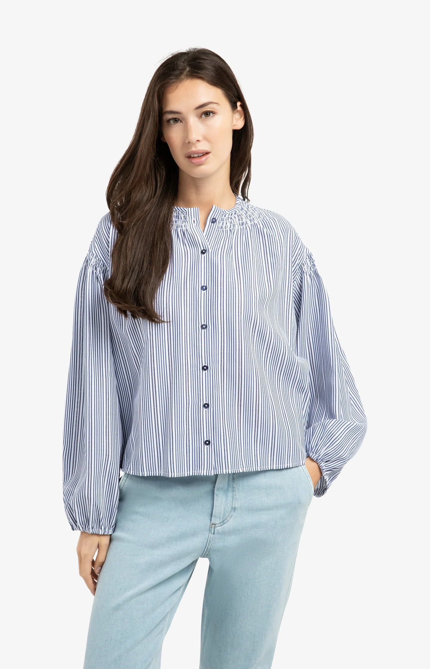 Striped blouse with shirred details at the shoulders - Image 3