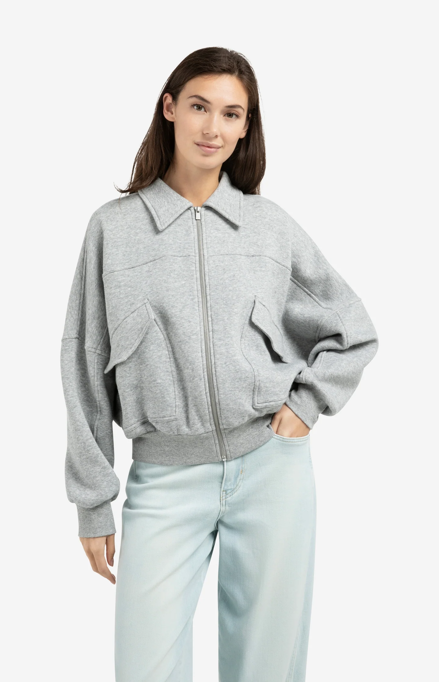 Sweat jacket with patch pockets and zip front closure