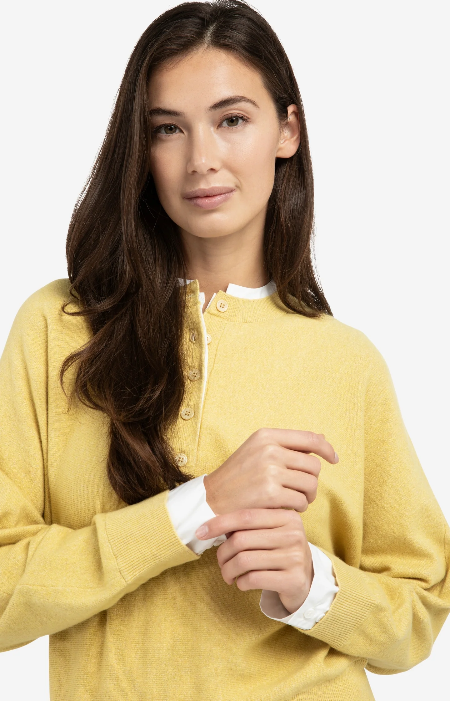 Sweater with inserted blouse collar and button detail - Image 5