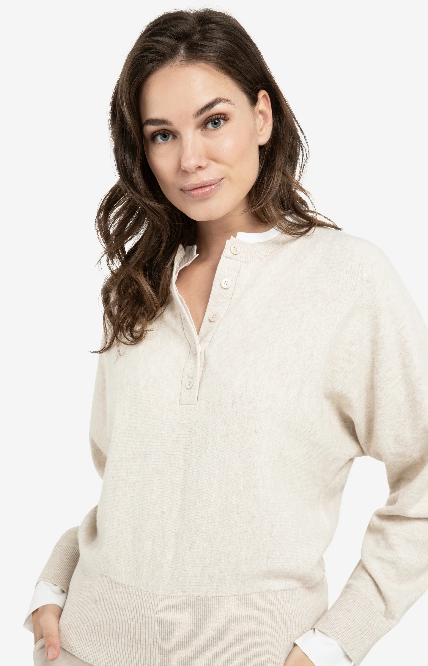 Sweater with inserted blouse collar and button detail - Image 4