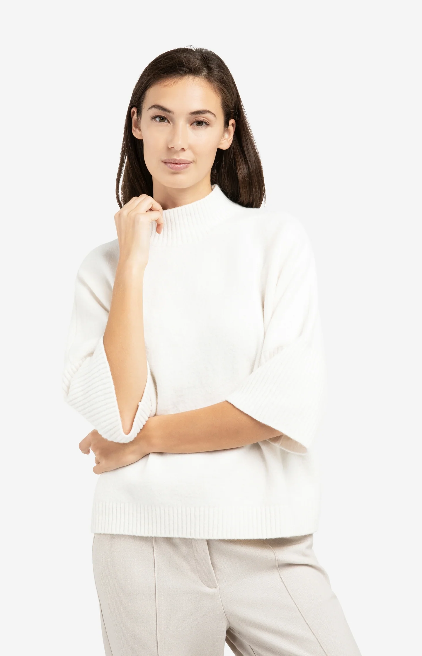 Sweater with ribbed three-quarter sleeves and mock neck - Image 3