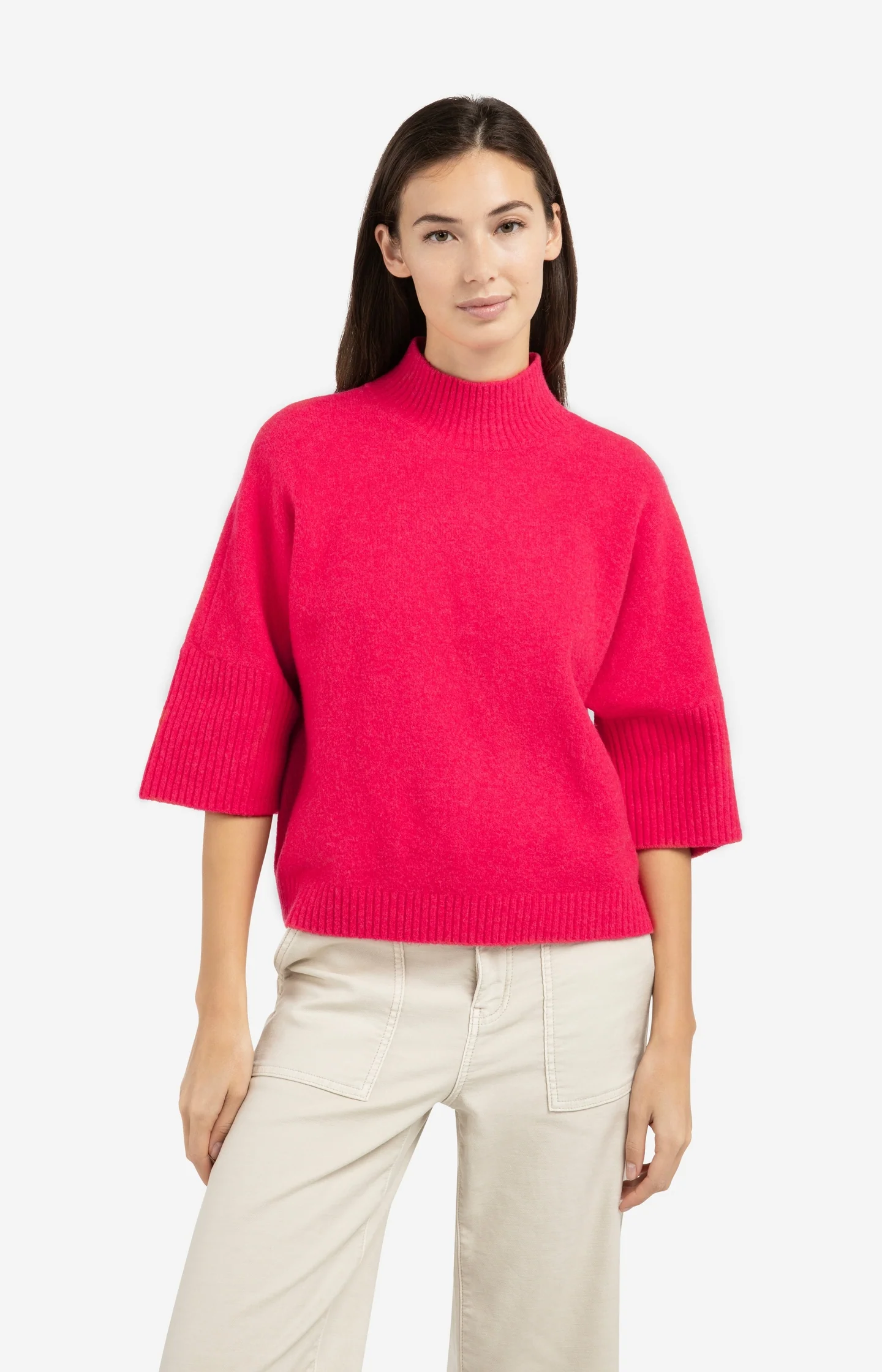 Sweater with ribbed three-quarter sleeves and mock neck - Image 3