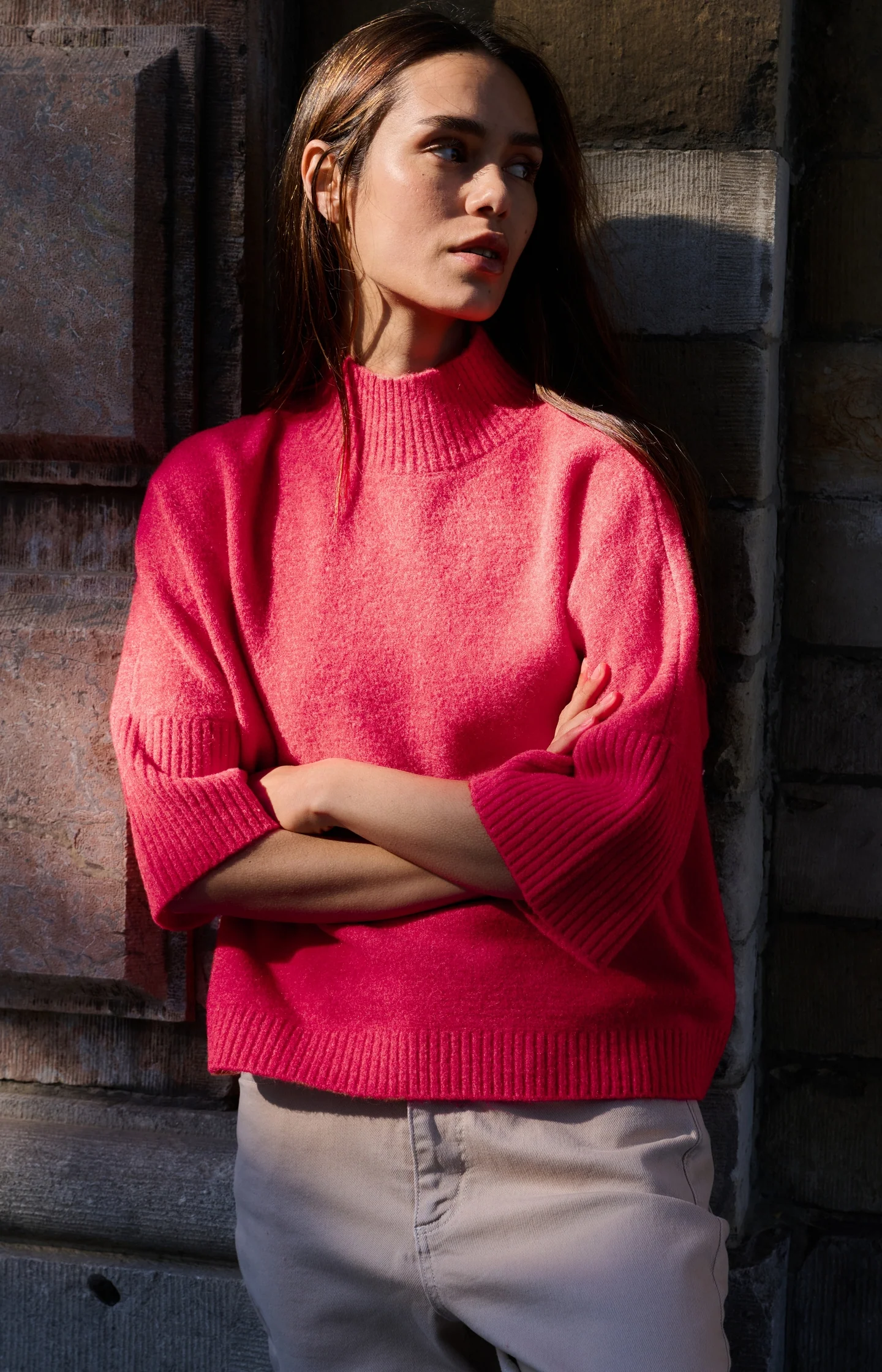 Sweater with ribbed three-quarter sleeves and mock neck - Image 7