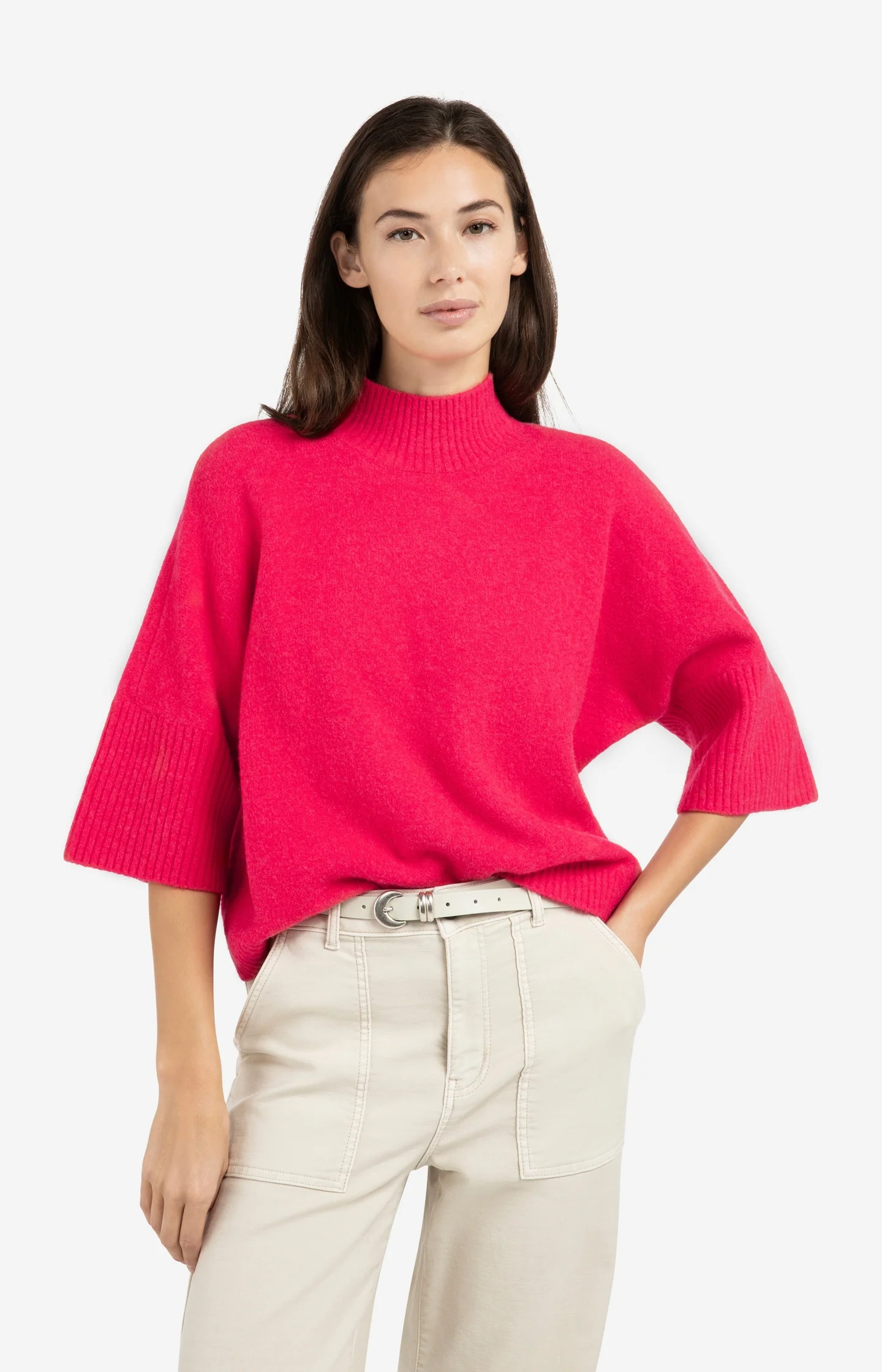 Sweater with ribbed three-quarter sleeves and mock neck - Image 8