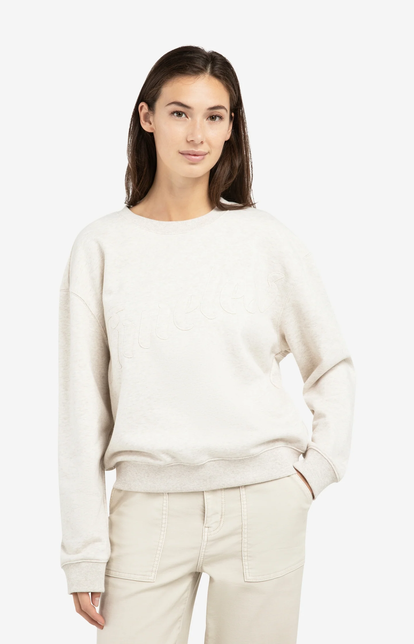 Sweater with stitched-on text and round neckline - Image 3