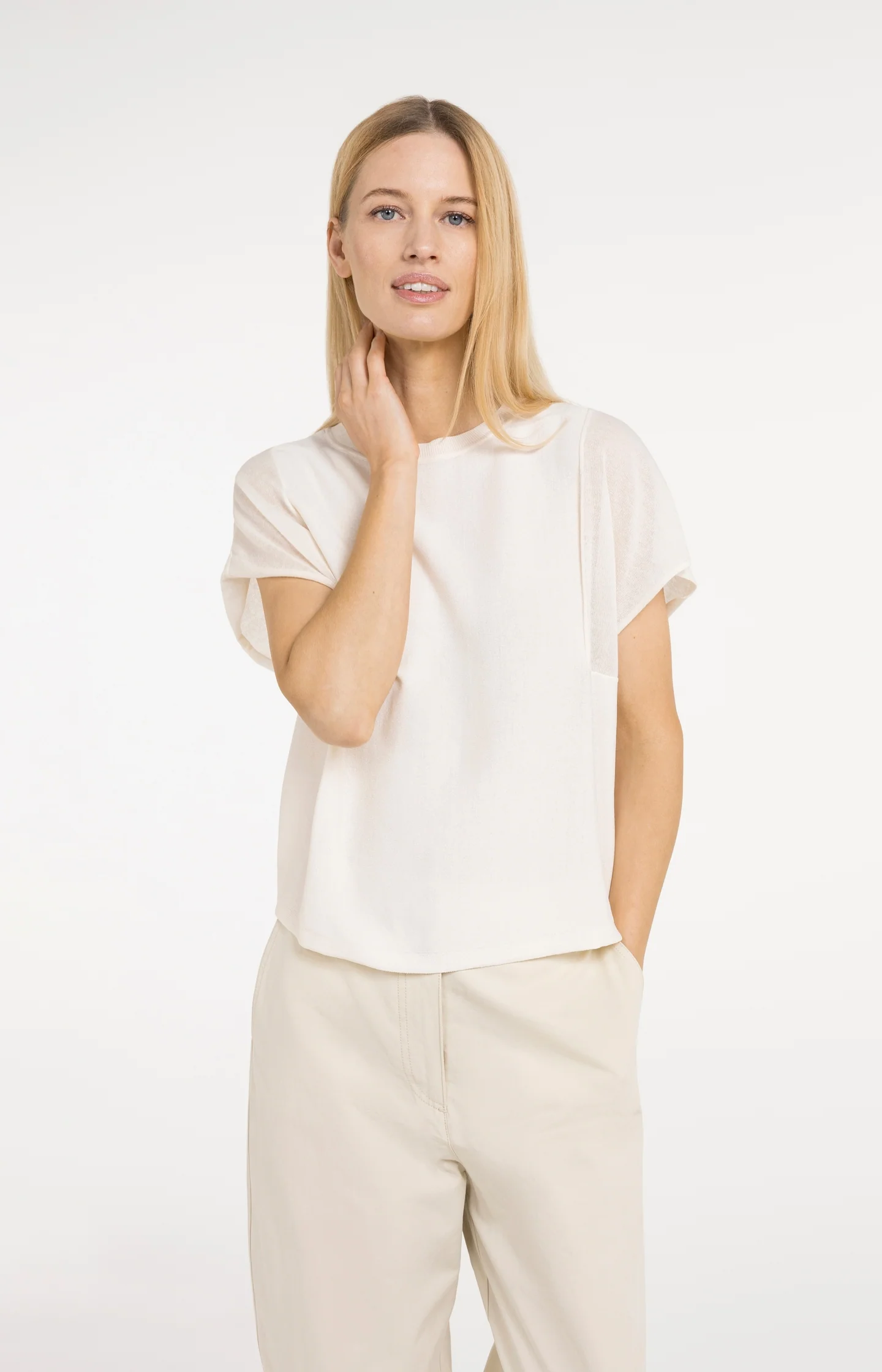 Top with sheer short sleeves and crew neck
