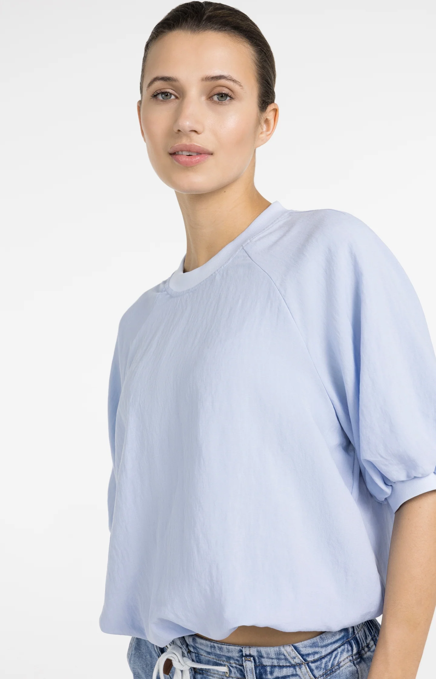 Woven T-shirt with balloon sleeves and zip - Image 4