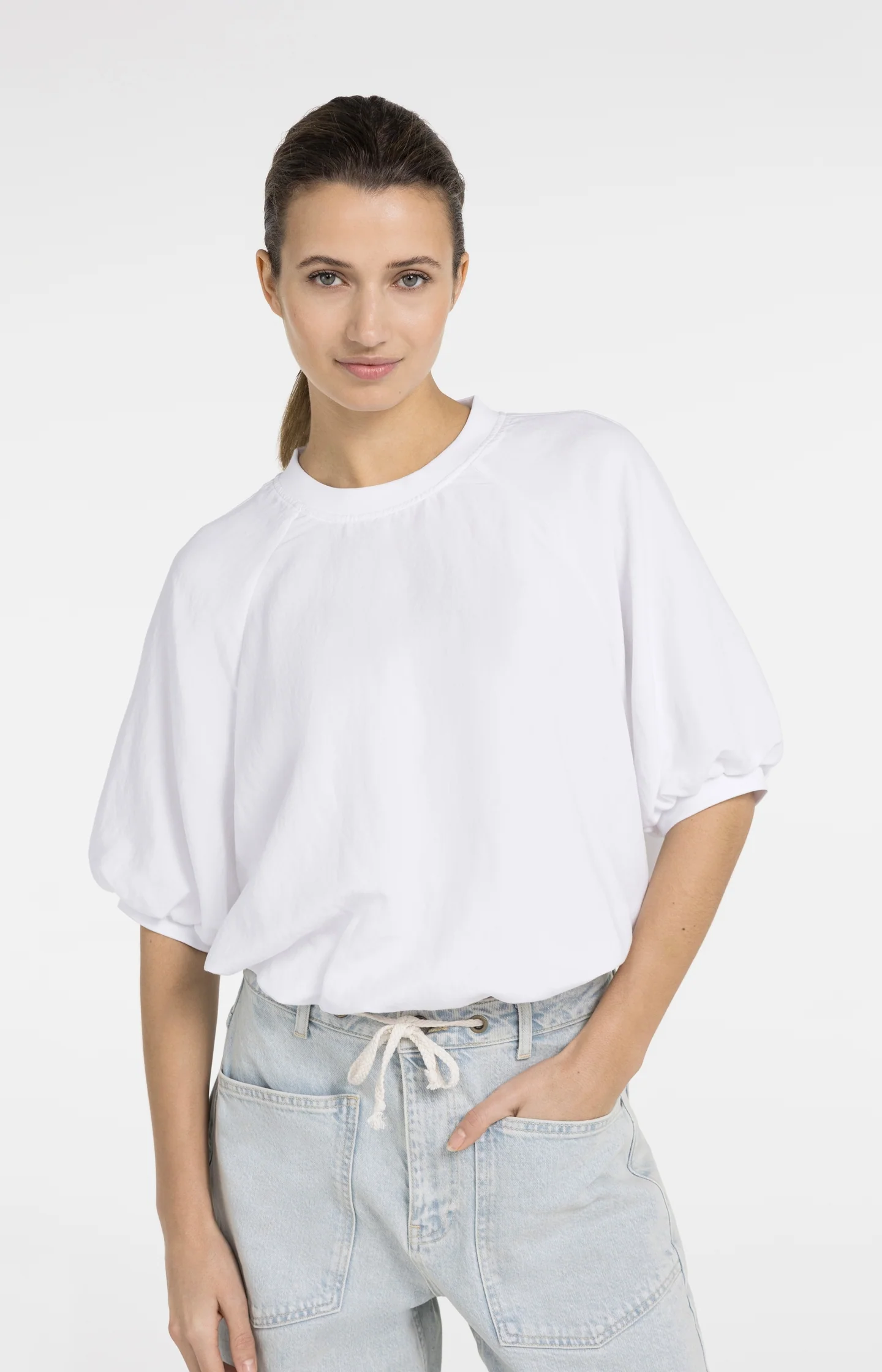 Woven T-shirt with balloon sleeves and zip - Image 3