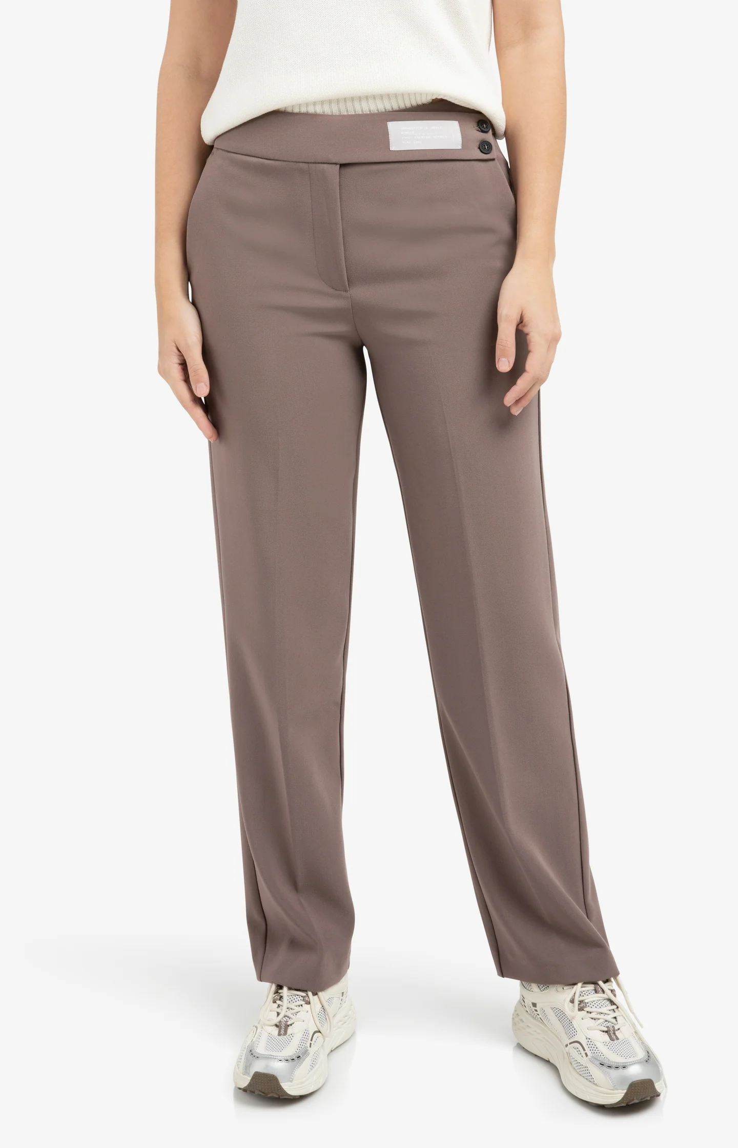 Woven trousers with asymmetrical waistband and straight fit - Brown