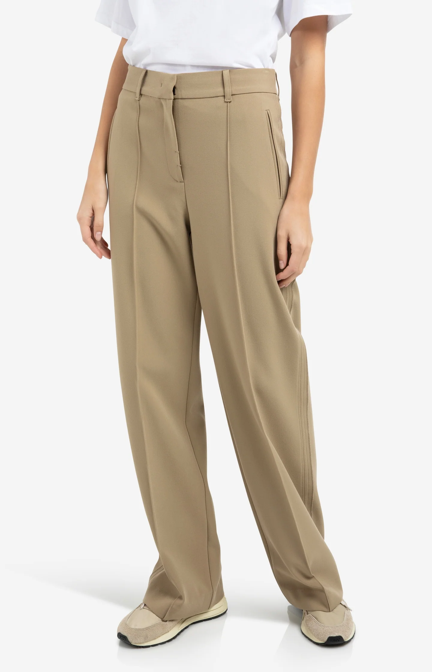 Woven trousers with wide legs and stitched details - Brown - Image 3