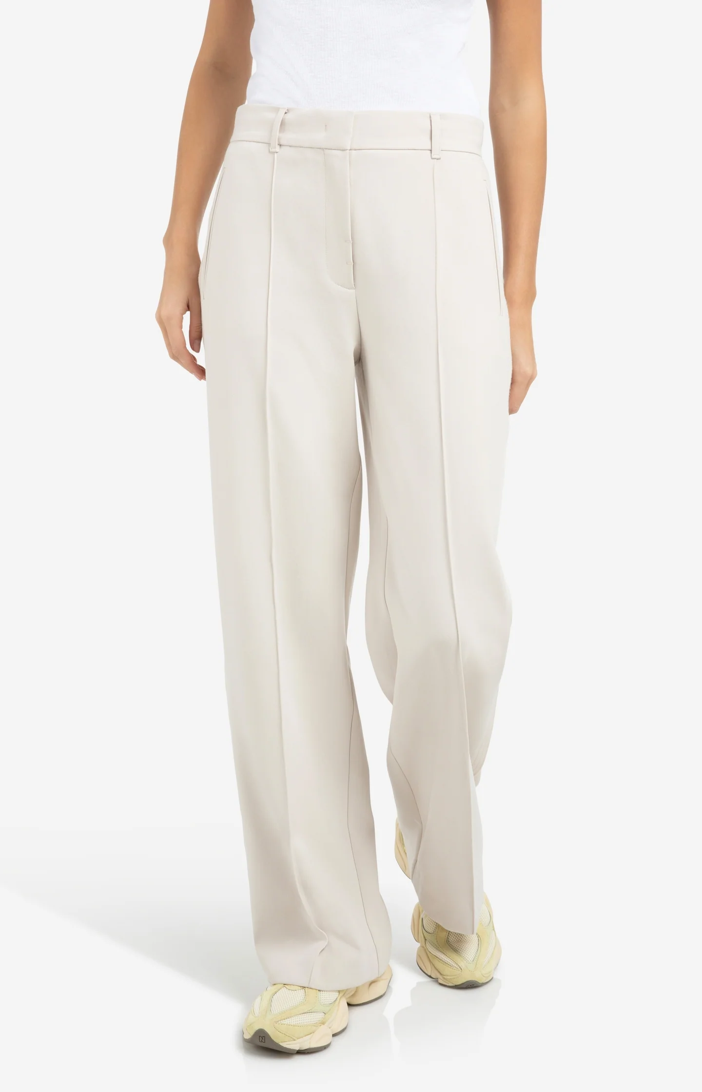 Woven trousers with wide legs and stitched details - Beige - Image 3
