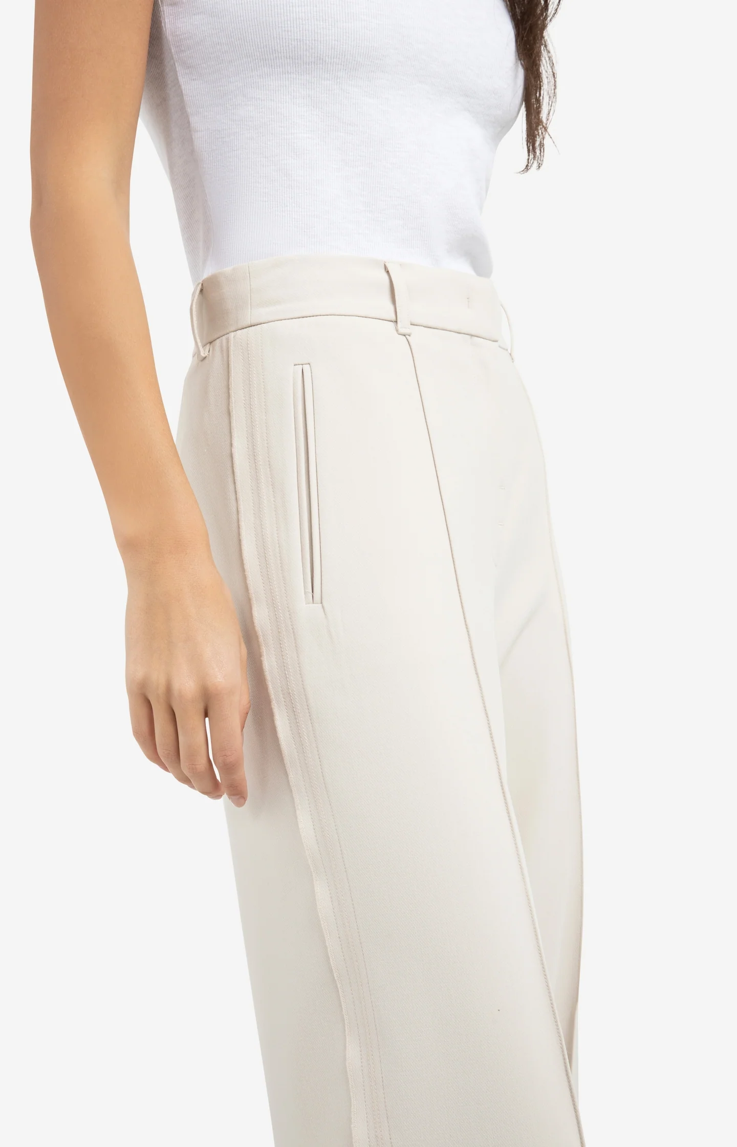 Woven trousers with wide legs and stitched details - Beige - Image 6